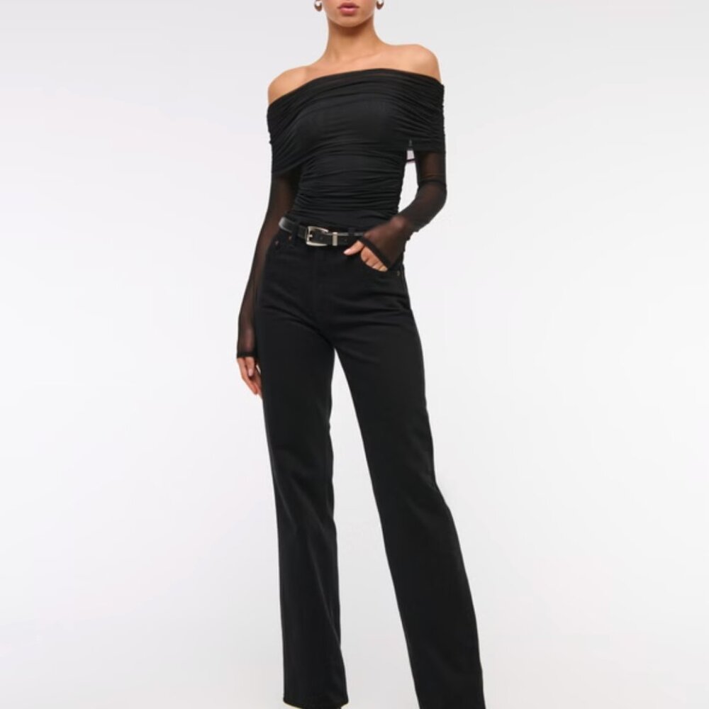 NWT, Abercrombie Long-Sleeve Mesh Foldover Bodysuit, Black, L - Picture 7 of 7